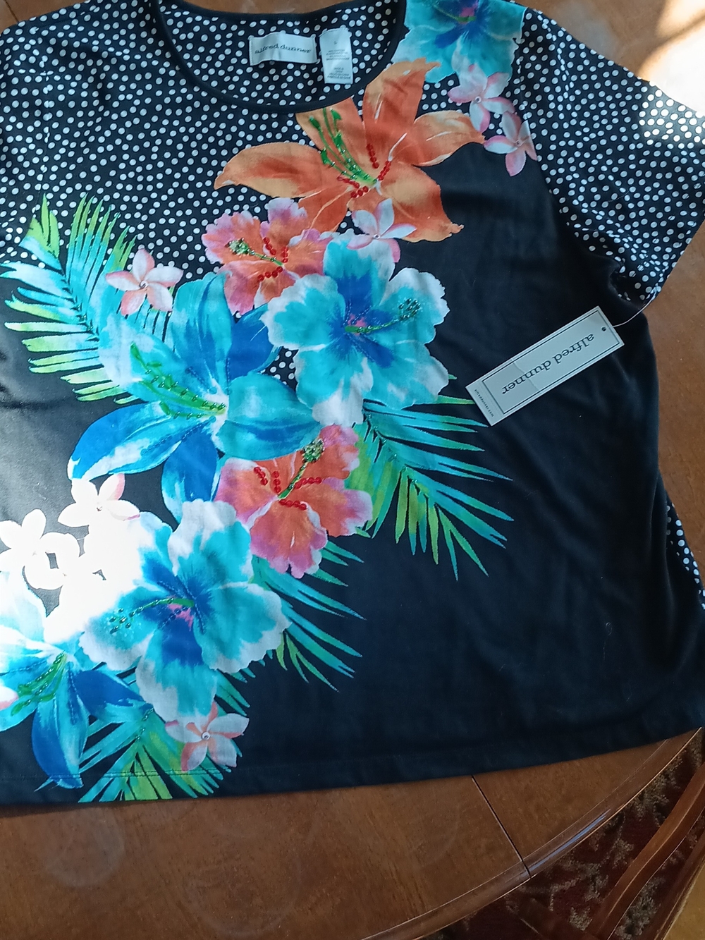 Alfred Dunner Black Floral Polka Dot Top